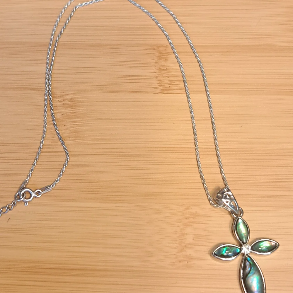 Silver Abalone Cross Pendant Necklace - Picture 2 of 5